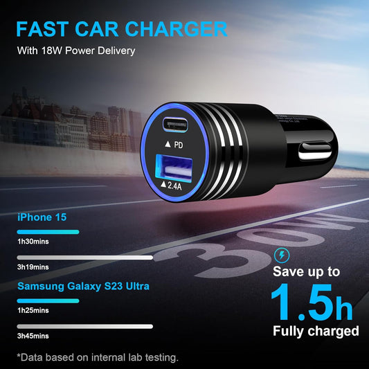 30W Dual-Port USB-C Car Charger for Fast Charging iPhone 16E, 16 Pro Max, 15 Pro Max, 15 Plus, 14, 13, 12, 11 Pro Max, SE, XS, XR and Samsung Galaxy S25, S24, S23, A16, A15, A14