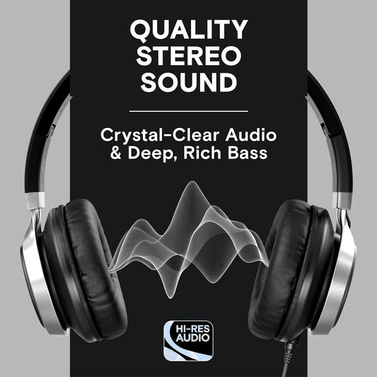 CL750 Wired Headphones with Mic & Volume Control — Noise Isolating On-Ear Headphones for Computer and Laptop Wired, Plug in Corded Headphone over Ear with Wire (Foldable, Aux Jack 3.5Mm)