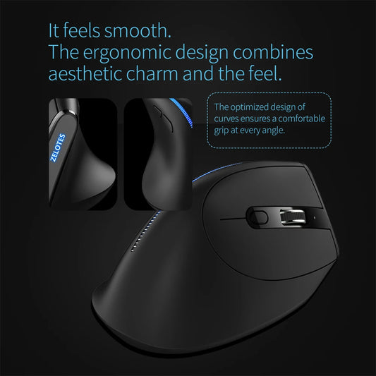 ZELOTES F-36A 2.4G Ergonomic Vertical Mouse 6 Buttons Wireless Rechargeable Mice 2400 DPI Adjustable Computer Accessories