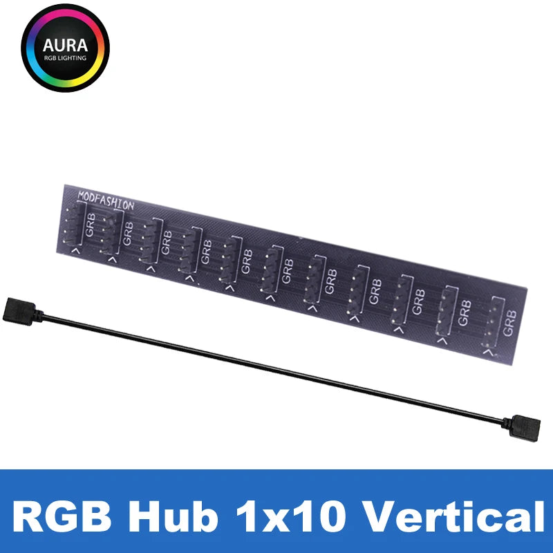 RGB/ARGB Splitter Hub with Extension Cable – 12V 4-Pin & 5V 3-Pin Compatible for LED Strip Lights, PC Case Fans, RGBW Lighting (Includes Adhesive Tape)