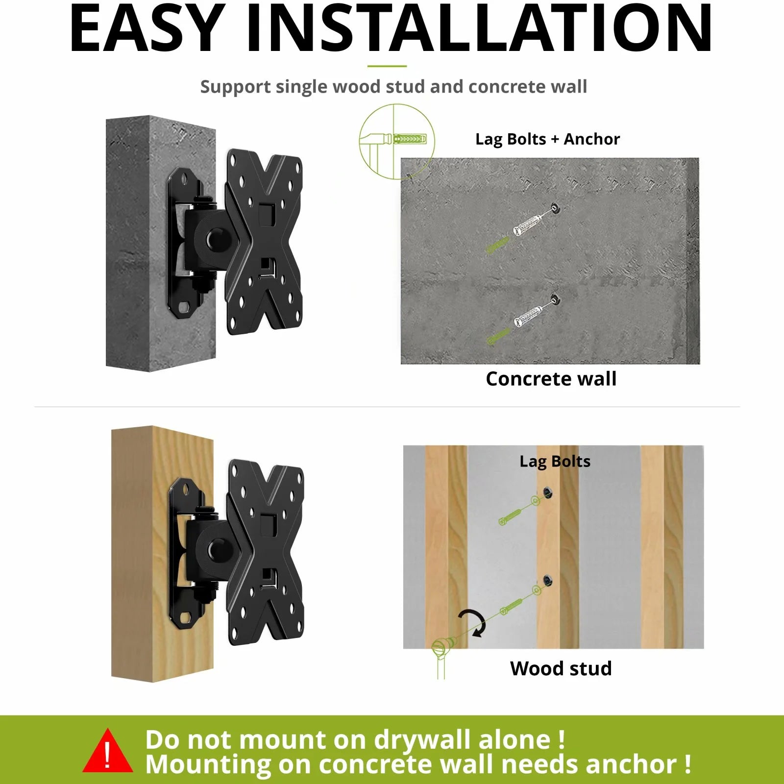 TV & Monitor Wall Mount for 10"–26" Screens – Tilt & Swivel Bracket, Max VESA 100x100mm, Supports up to 22 lbs