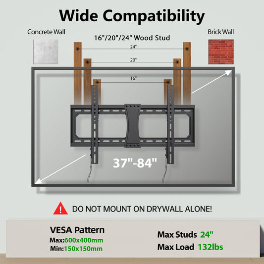 TV Wall Mount for 37–84" TVs – Heavy-Duty Bracket Supports up to 132 lbs, Max VESA 600x400mm