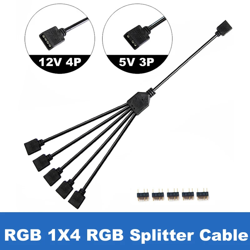 RGB/ARGB Splitter Hub with Extension Cable – 12V 4-Pin & 5V 3-Pin Compatible for LED Strip Lights, PC Case Fans, RGBW Lighting (Includes Adhesive Tape)