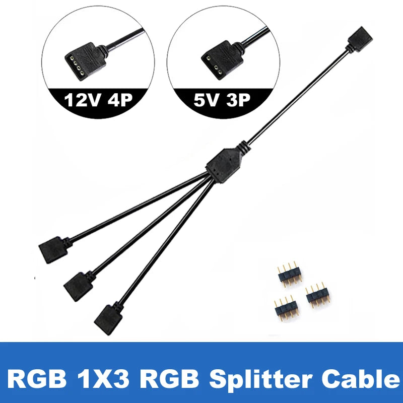 RGB/ARGB Splitter Hub with Extension Cable – 12V 4-Pin & 5V 3-Pin Compatible for LED Strip Lights, PC Case Fans, RGBW Lighting (Includes Adhesive Tape)