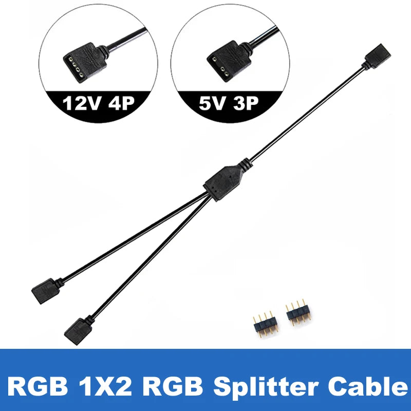 RGB/ARGB Splitter Hub with Extension Cable – 12V 4-Pin & 5V 3-Pin Compatible for LED Strip Lights, PC Case Fans, RGBW Lighting (Includes Adhesive Tape)
