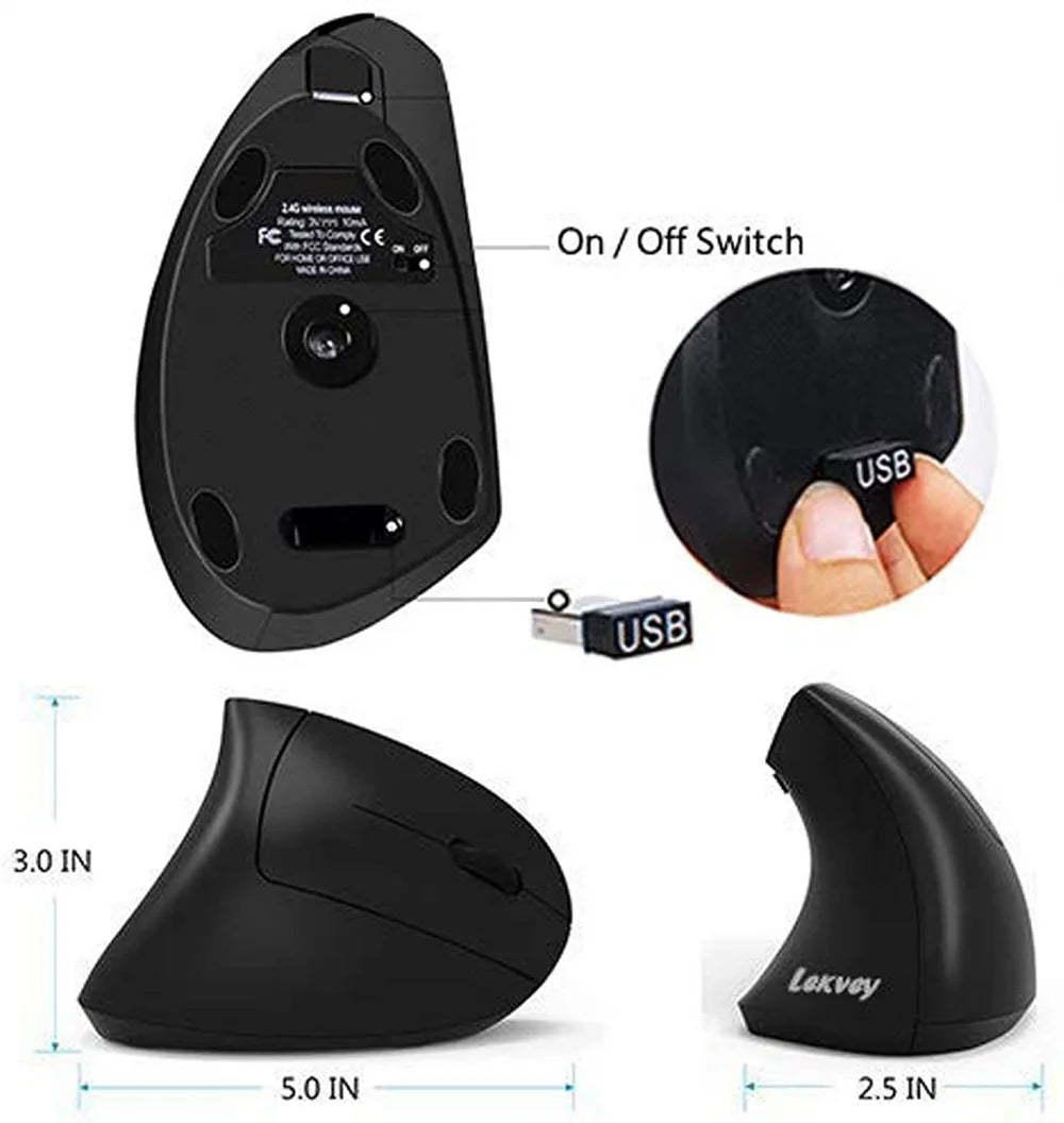 Ergonomic Mouse,  Vertical Wireless Mouse - Rechargeable 2.4Ghz Optical Vertical Mice : 3 Adjustable DPI 800/1200/1600 Levels 6 Buttons, for Laptop, PC, Computer, Desktop, Notebook Etc, Black