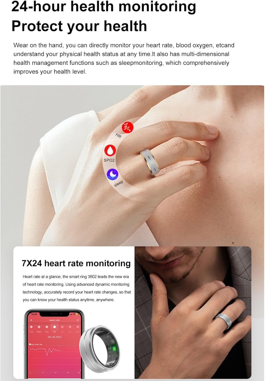 Smart Fitness Ring (Size 8) – Waterproof Health Tracker with Heart Rate, Blood Oxygen, Sleep Monitor & Remote Selfie Control
