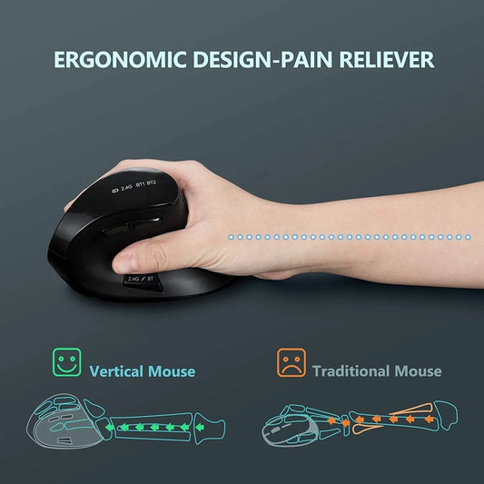 Dual Mode Silent Vertical Mouse Bluetooth/Wireless Optical Ergonomic Mouse Adjustable Sensitivity and Quiet Buttons