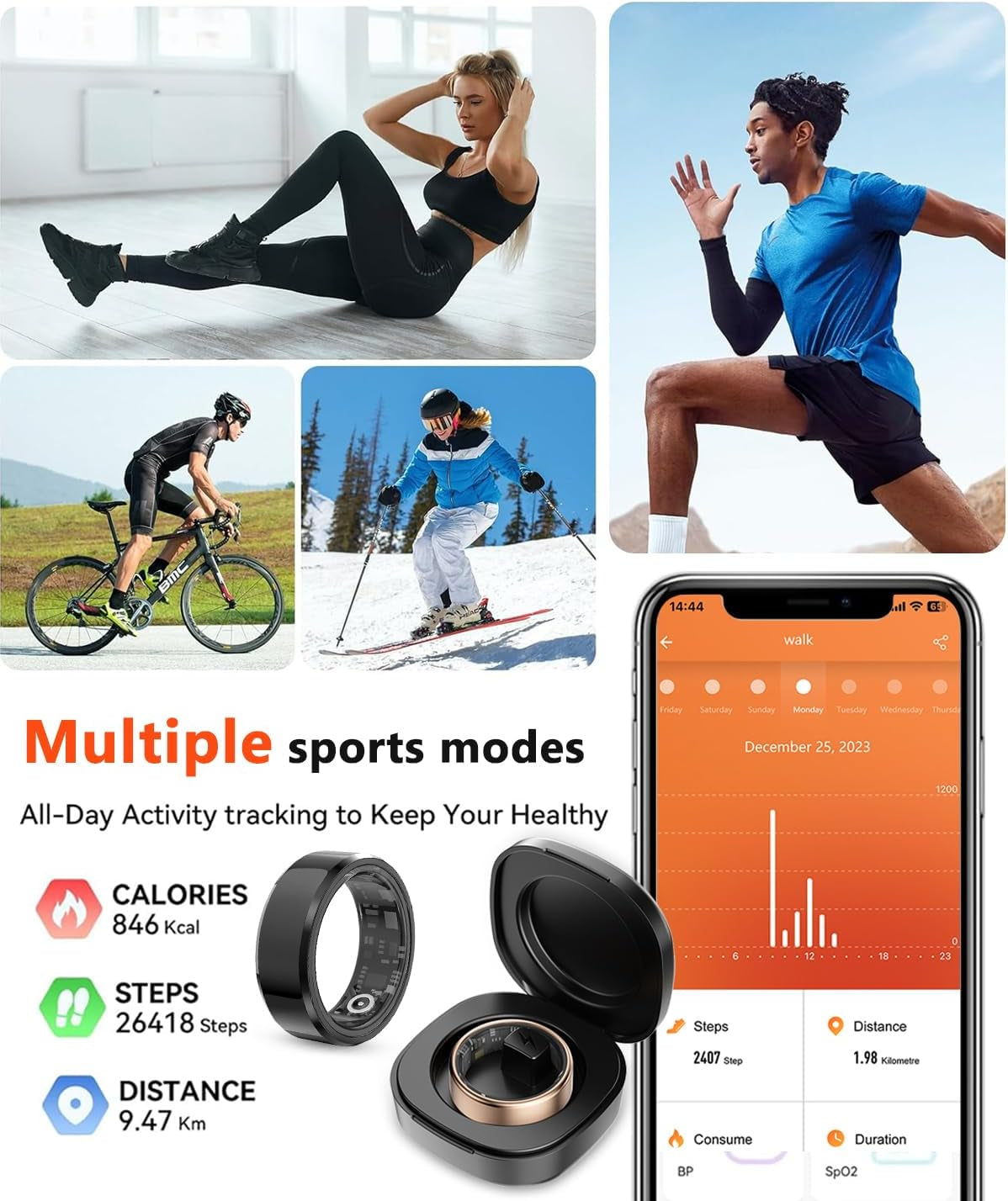 2025 Smart Ring Health & Fitness Tracker (Silver, Size #10) – IP68 Waterproof Ring with Heart Rate, Sleep, Blood Oxygen, Steps, Calories & Charging Case (7-Day Battery)