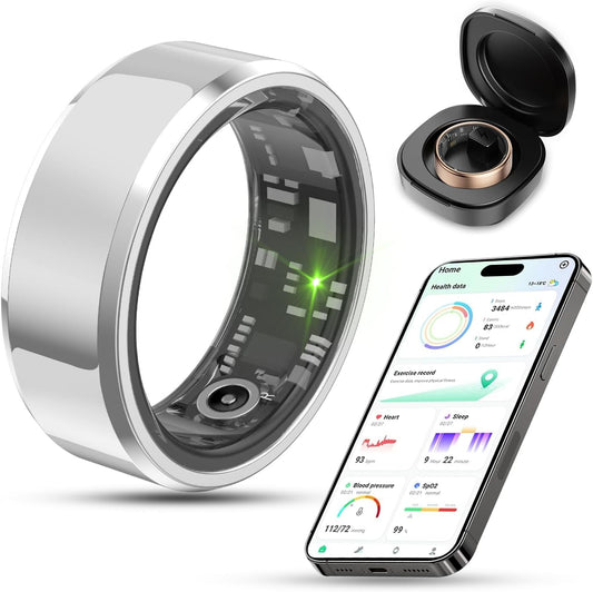 2025 Smart Ring Health & Fitness Tracker (Silver, Size #10) – IP68 Waterproof Ring with Heart Rate, Sleep, Blood Oxygen, Steps, Calories & Charging Case (7-Day Battery)