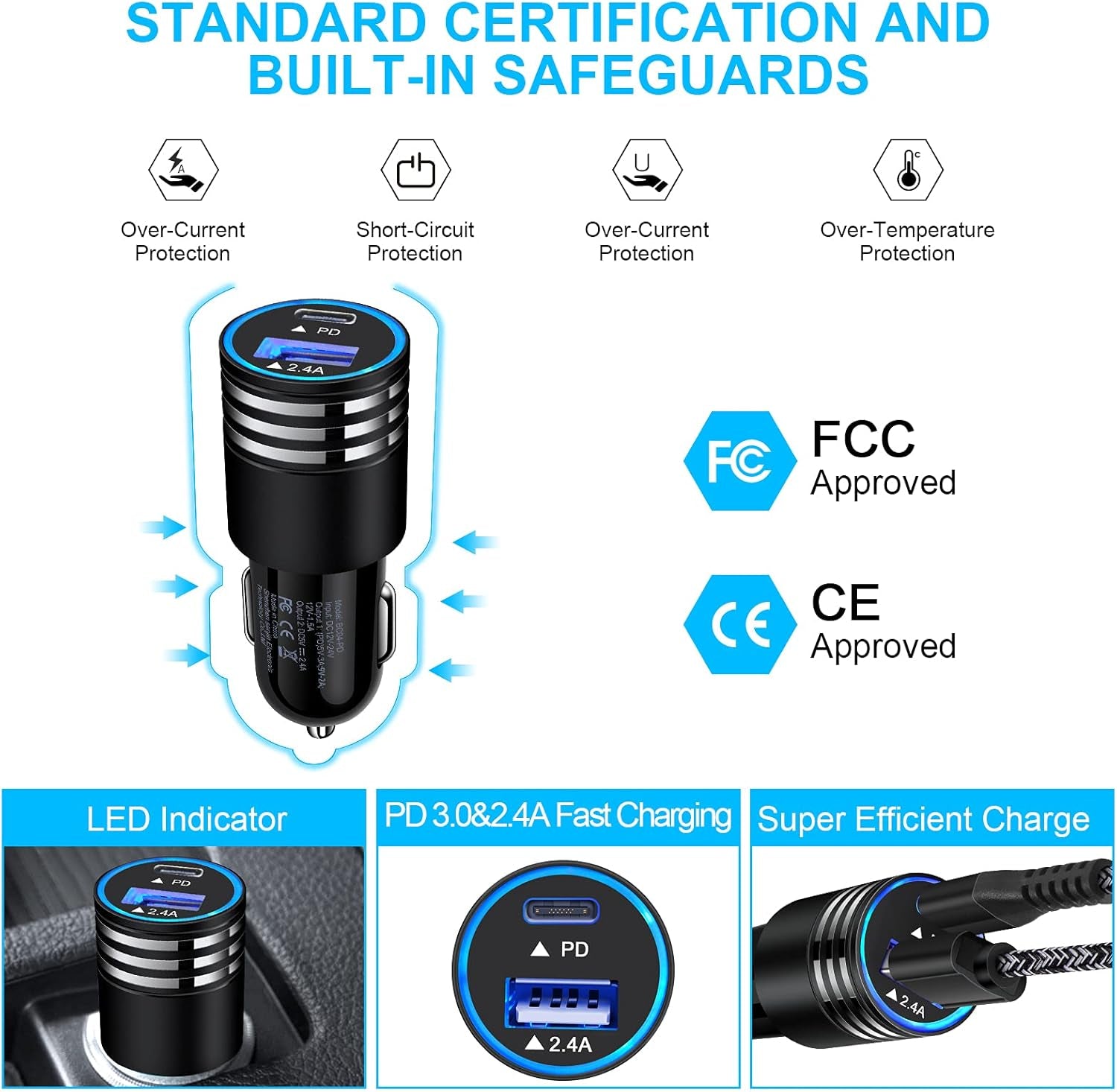 30W Dual-Port USB-C Car Charger for Fast Charging iPhone 16E, 16 Pro Max, 15 Pro Max, 15 Plus, 14, 13, 12, 11 Pro Max, SE, XS, XR and Samsung Galaxy S25, S24, S23, A16, A15, A14