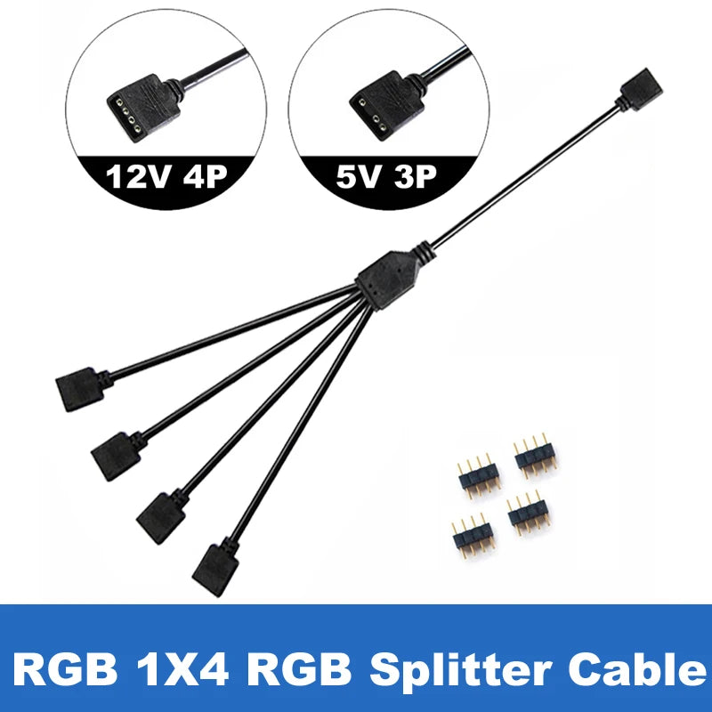 RGB/ARGB Splitter Hub with Extension Cable – 12V 4-Pin & 5V 3-Pin Compatible for LED Strip Lights, PC Case Fans, RGBW Lighting (Includes Adhesive Tape)