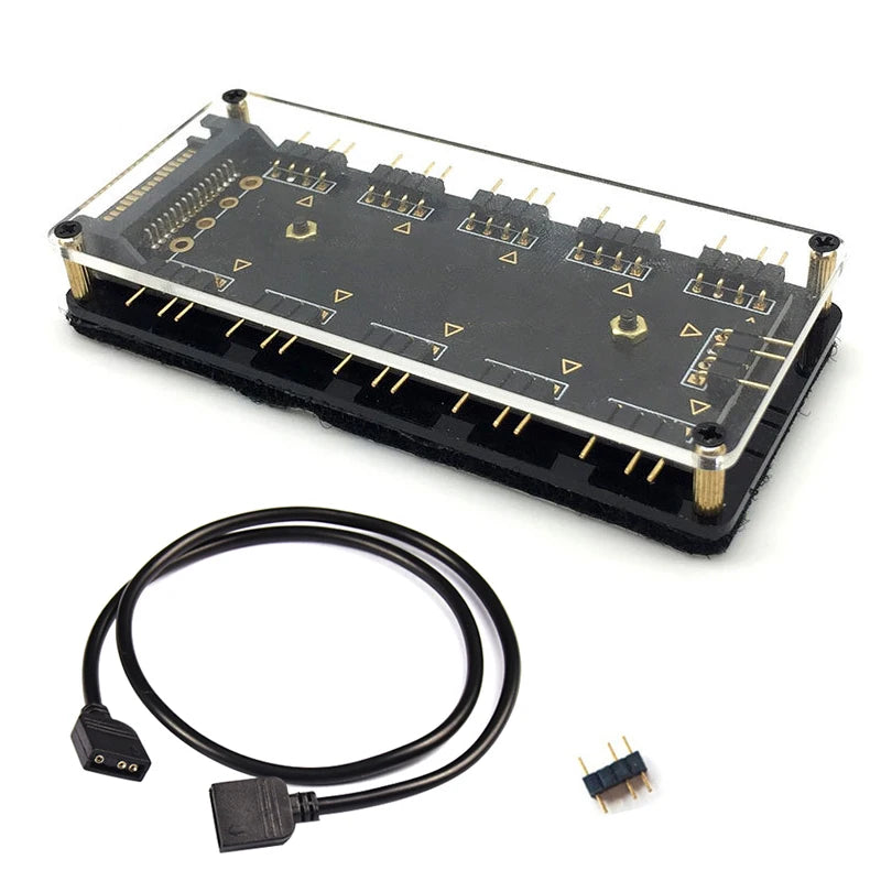 RGB/ARGB Splitter Hub with Extension Cable – 12V 4-Pin & 5V 3-Pin Compatible for LED Strip Lights, PC Case Fans, RGBW Lighting (Includes Adhesive Tape)