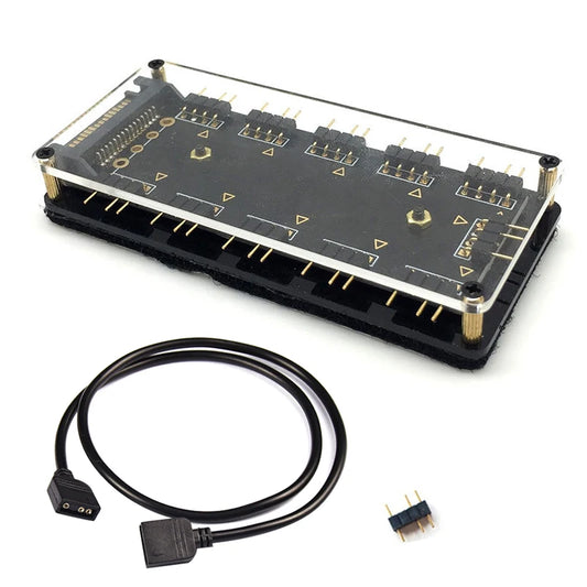 RGB/ARGB Splitter Hub with Extension Cable – 12V 4-Pin & 5V 3-Pin Compatible for LED Strip Lights, PC Case Fans, RGBW Lighting (Includes Adhesive Tape)