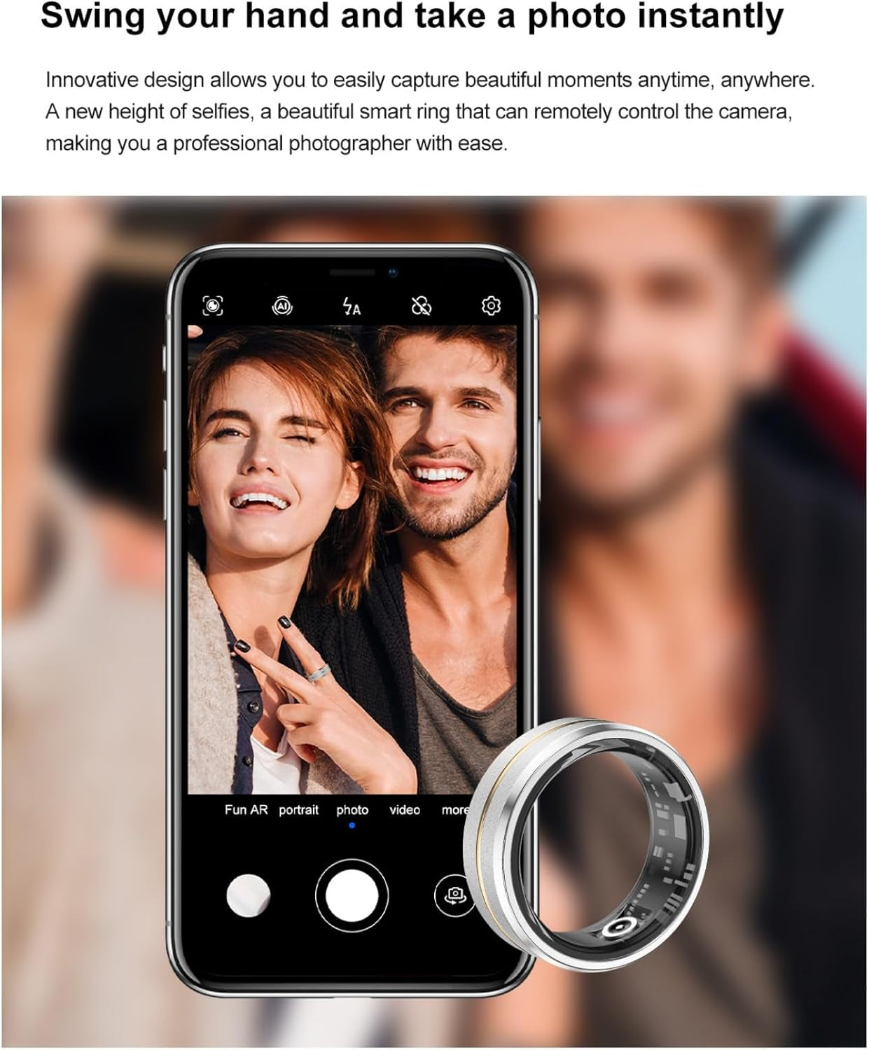 Smart Fitness Ring (Size 8) – Waterproof Health Tracker with Heart Rate, Blood Oxygen, Sleep Monitor & Remote Selfie Control