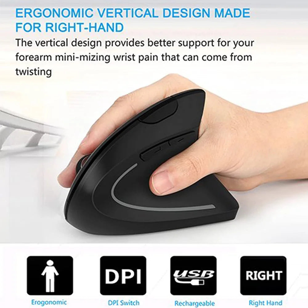 Ergonomic Mouse,  Vertical Wireless Mouse - Rechargeable 2.4Ghz Optical Vertical Mice : 3 Adjustable DPI 800/1200/1600 Levels 6 Buttons, for Laptop, PC, Computer, Desktop, Notebook Etc, Black