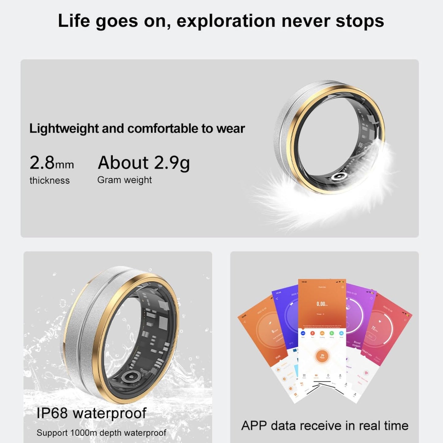 Smart Fitness Ring (Size 8) – Waterproof Health Tracker with Heart Rate, Blood Oxygen, Sleep Monitor & Remote Selfie Control