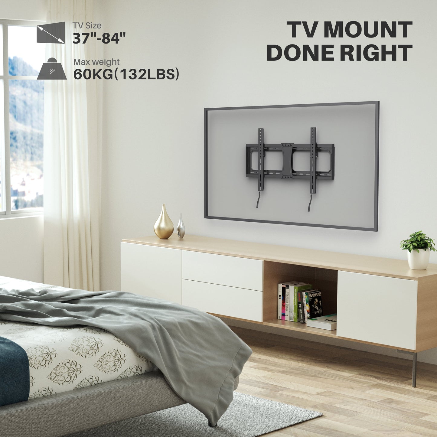 TV Wall Mount for 37–84" TVs – Heavy-Duty Bracket Supports up to 132 lbs, Max VESA 600x400mm