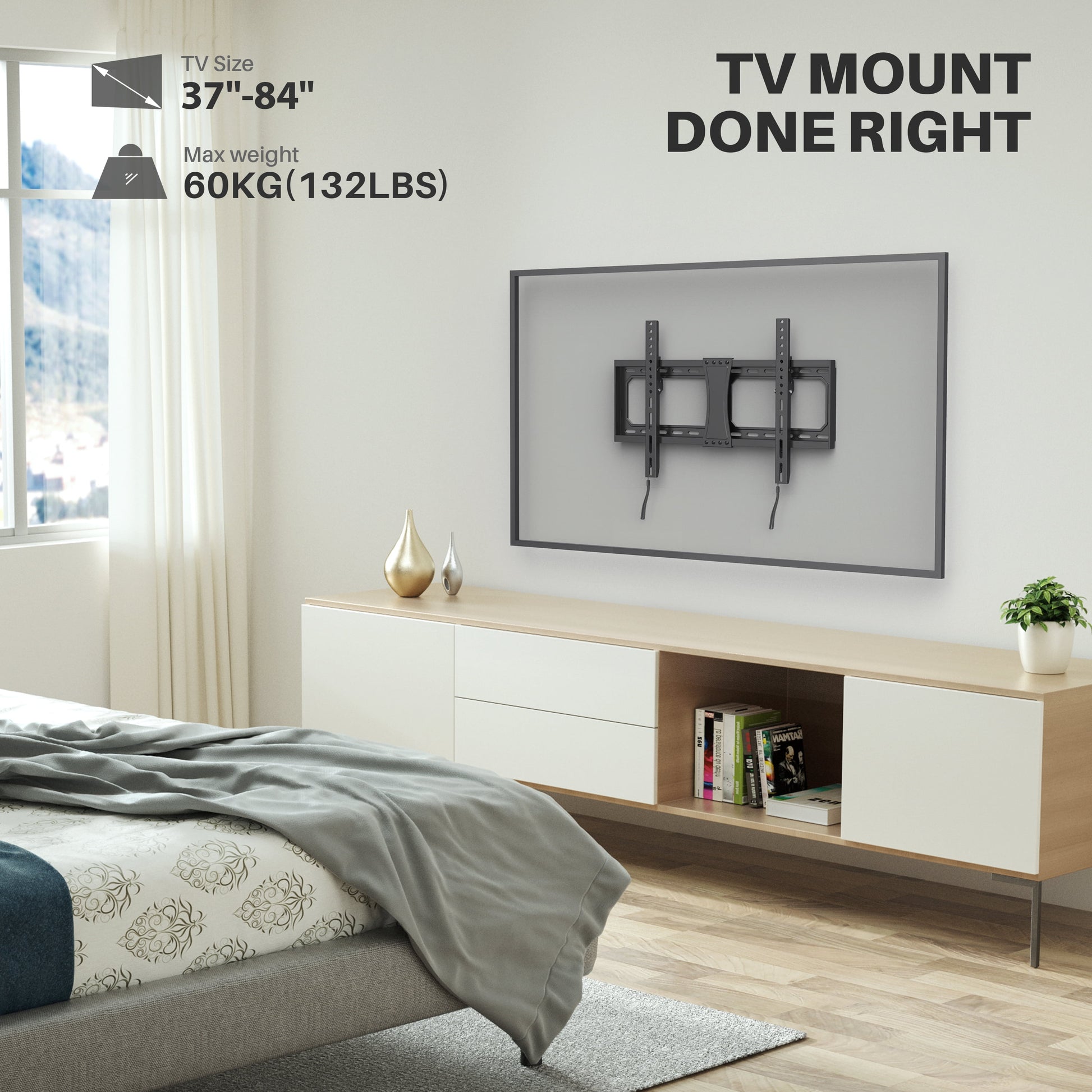 TV Wall Mount for 37–84" TVs – Heavy-Duty Bracket Supports up to 132 lbs, Max VESA 600x400mm