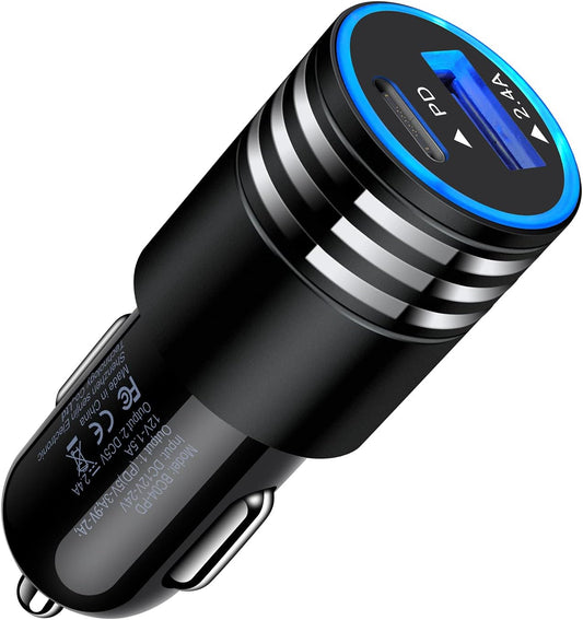 30W Dual-Port USB-C Car Charger for Fast Charging iPhone 16E, 16 Pro Max, 15 Pro Max, 15 Plus, 14, 13, 12, 11 Pro Max, SE, XS, XR and Samsung Galaxy S25, S24, S23, A16, A15, A14