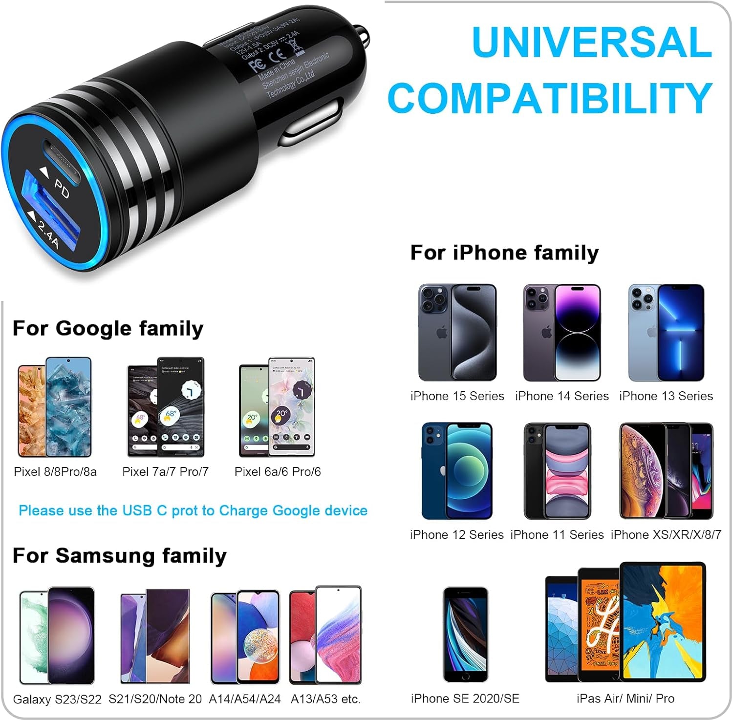 30W Dual-Port USB-C Car Charger for Fast Charging iPhone 16E, 16 Pro Max, 15 Pro Max, 15 Plus, 14, 13, 12, 11 Pro Max, SE, XS, XR and Samsung Galaxy S25, S24, S23, A16, A15, A14